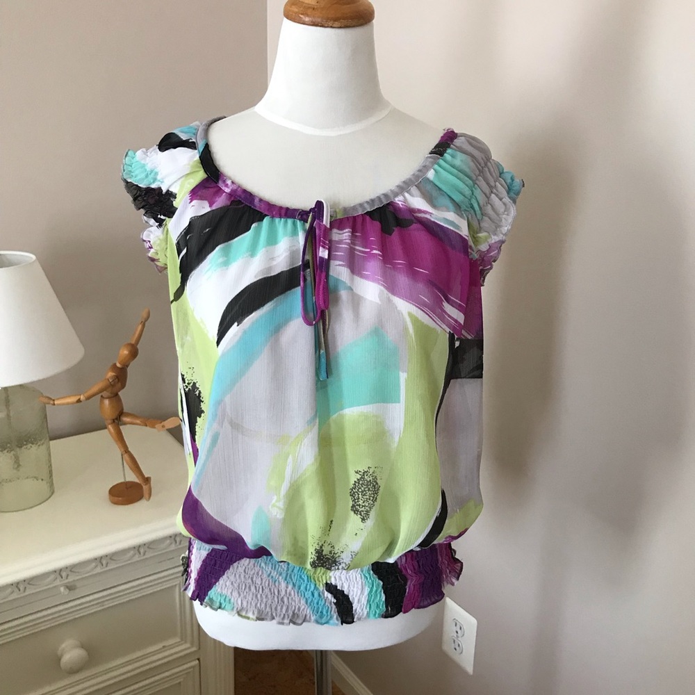 SUNNY LEIGH sheer smocked top w/ tie neck